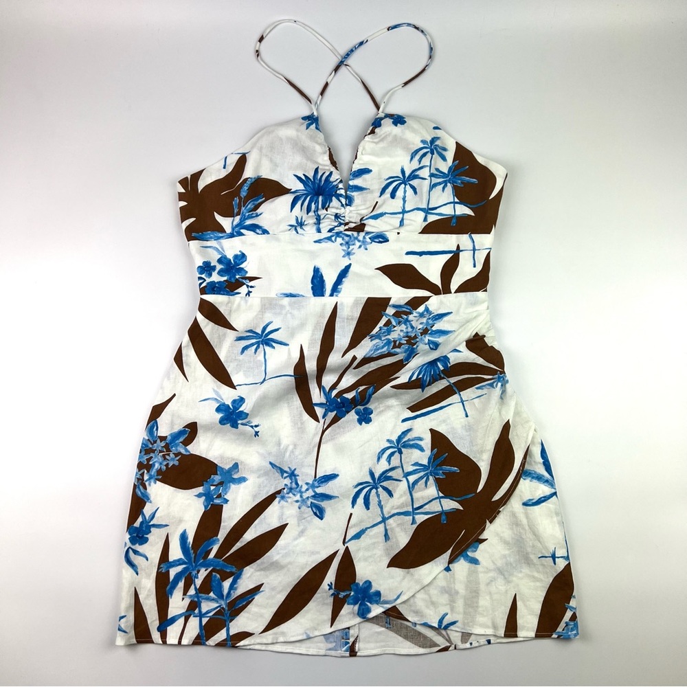 Zara White Blue Brown Tropical Mini Dress